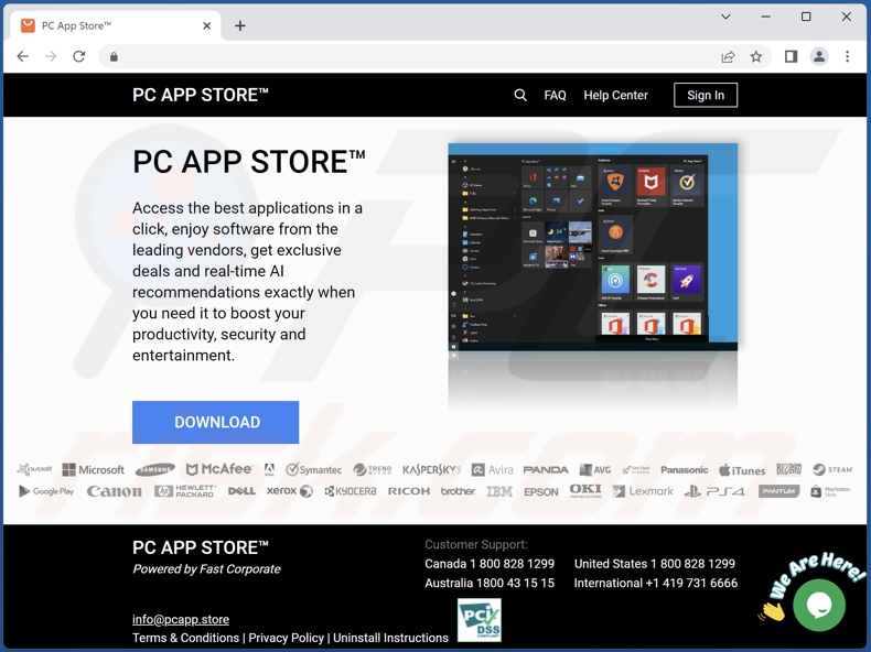 Sitio web promocional del adware PC App Store