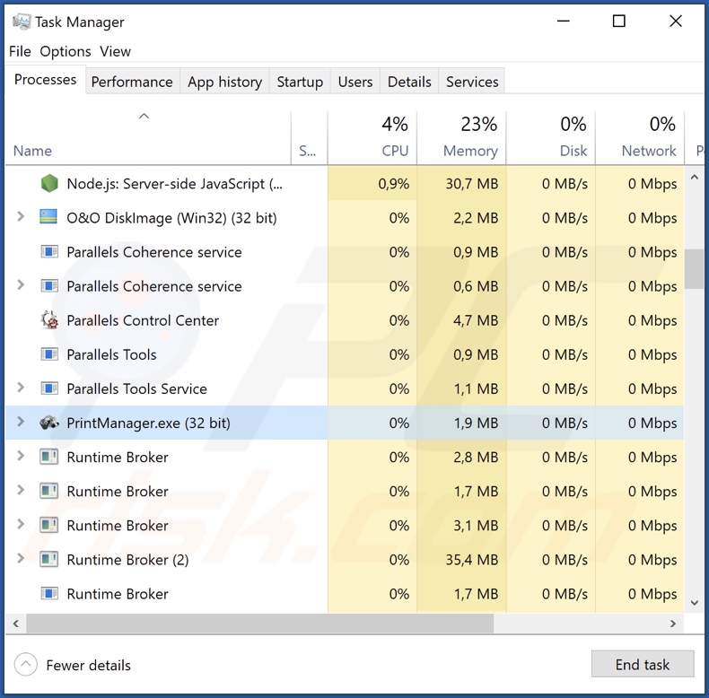 Proceso del malware PrintManager en el Administrador de Tareas (PrintManager.exe - nombre del proceso)