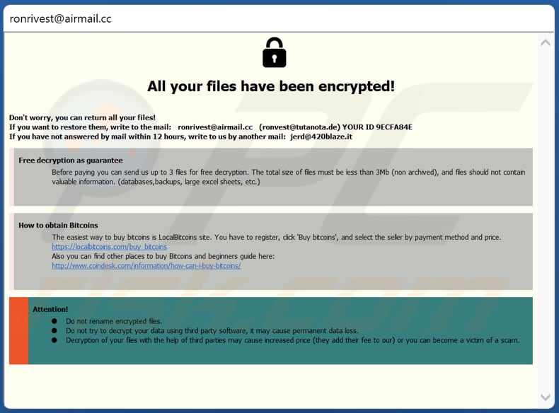 Nota de rescate del ransomware R0n (ventana emergente)