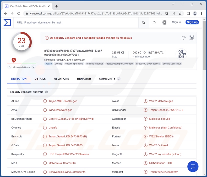 Rhadamanthys malware detecciones en VirusTotal