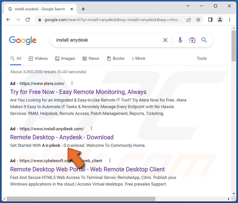 Anuncio de Google promocionando un falso sitio web de AnyDesk que prolifera el malware ladrón Rhadamanthys