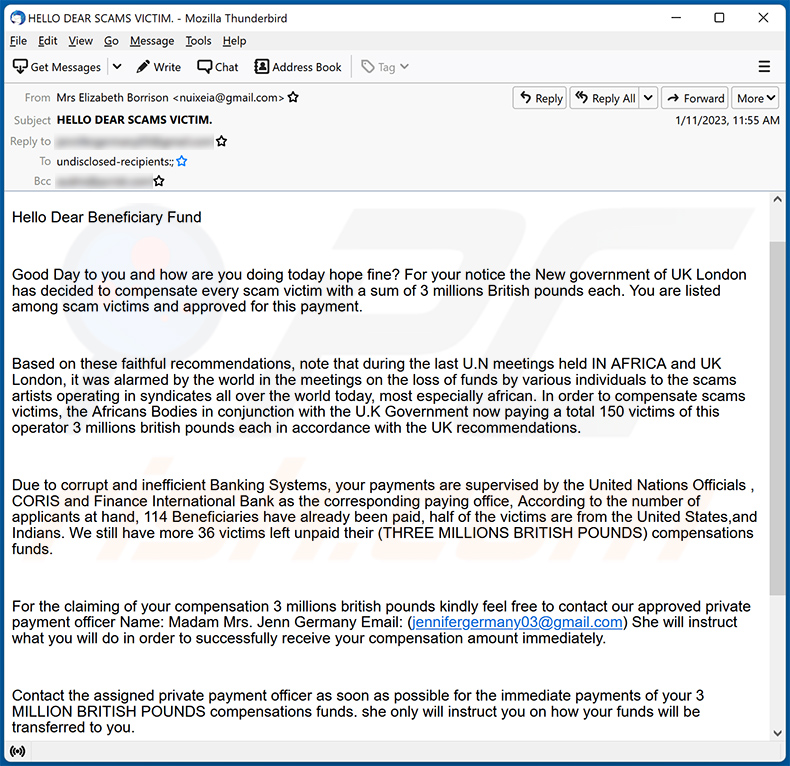 Estafa por correo electrónico de Scam Victim Compensation Funds (2023-01-12)