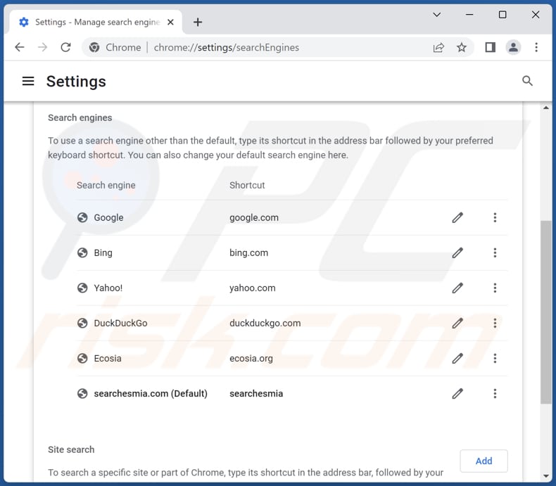 Eliminar searchesmia.com del motor de búsqueda predeterminado de Google Chrome