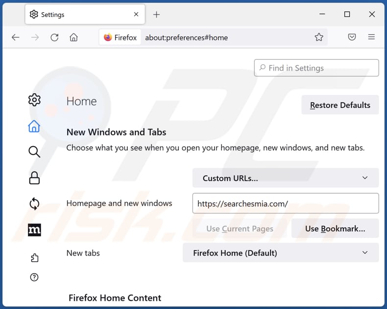 Eliminar searchesmia.com de la página de inicio de Mozilla Firefox