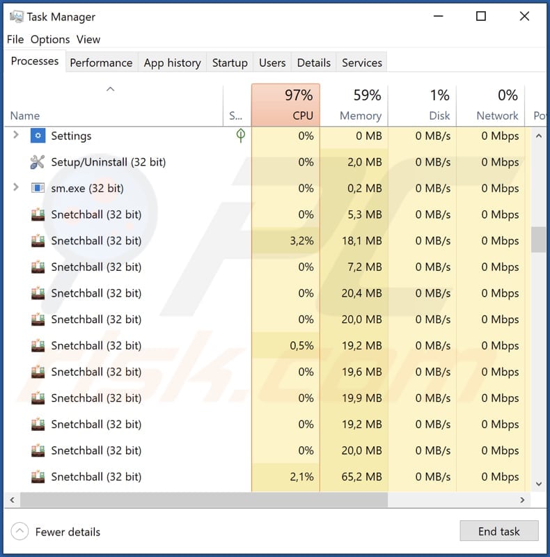 Adware Snetchball ejecutándose en el administrador de tareas