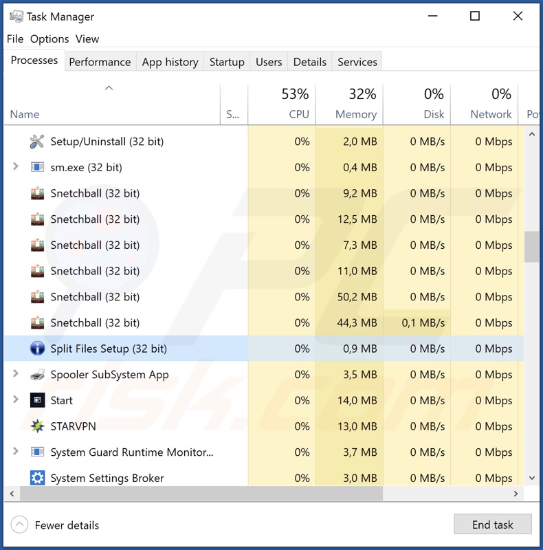 El proceso Split Files adware en el Administrador de Tareas (Split Files Setup - nombre del proceso)