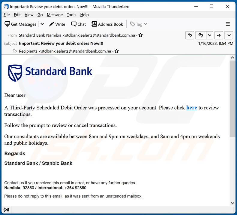 Correo electrónico de spam con temática de Standard Bank (2023-01-17)