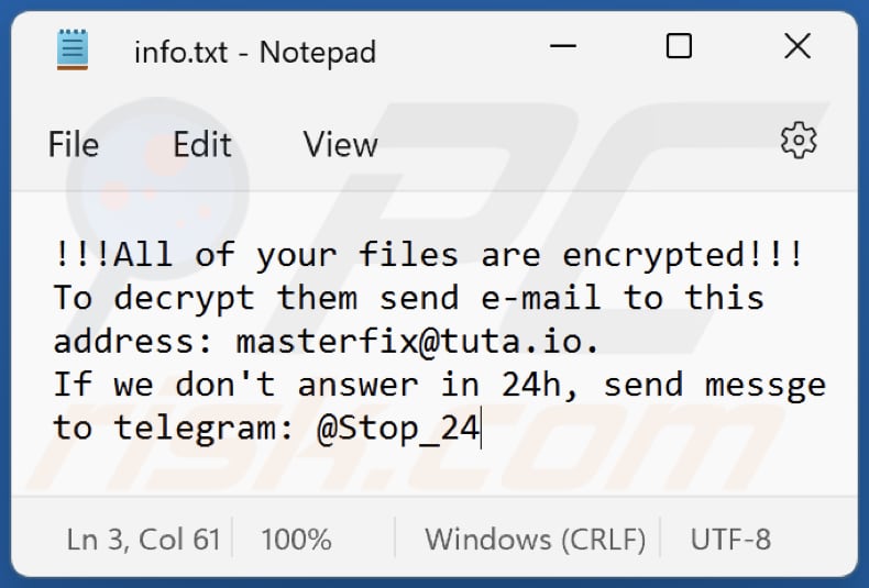 Archivo de texto del ransomware Unknown (info.txt)