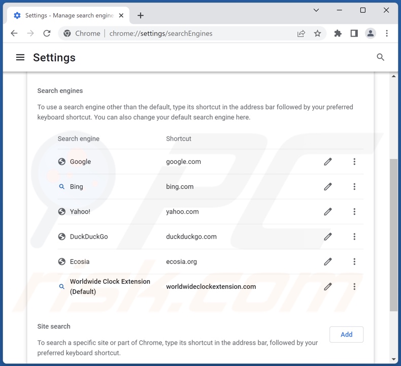 Eliminar search.worldwideclockextension.com del motor de búsqueda predeterminado de Google Chrome