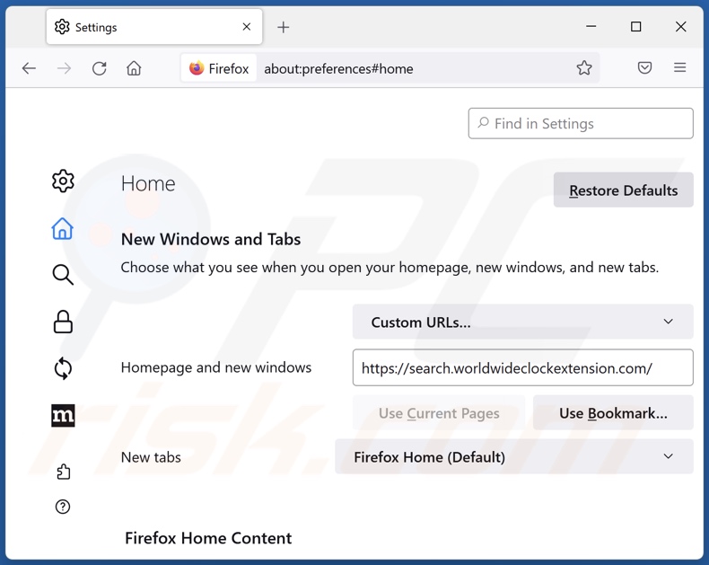 Eliminar search.worldwideclockextension.com de la página de inicio de Mozilla Firefox