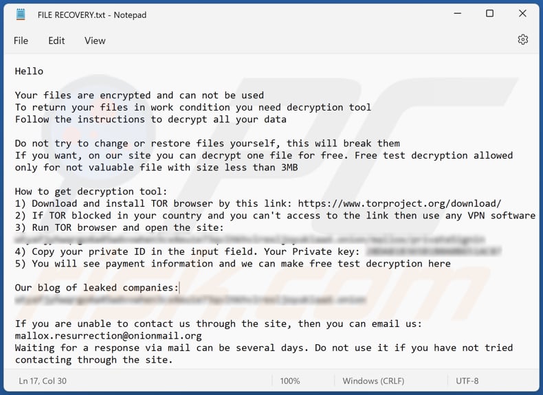 Archivo de texto del ransomware Xollam (FILE RECOVERY.txt)