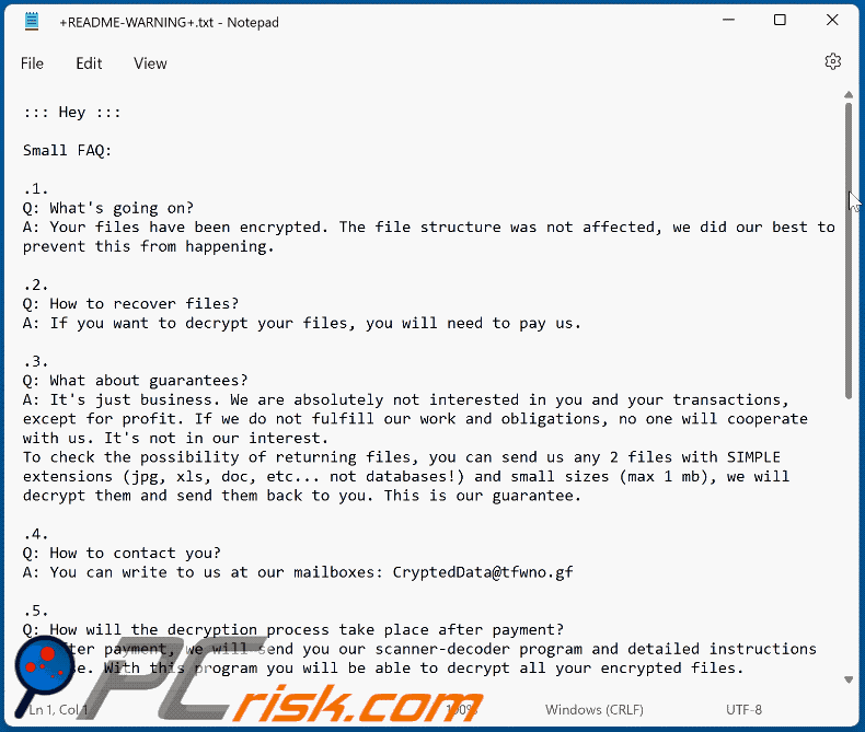 Nota de rescate del ransomware ZFX (+README-WARNING+.txt)