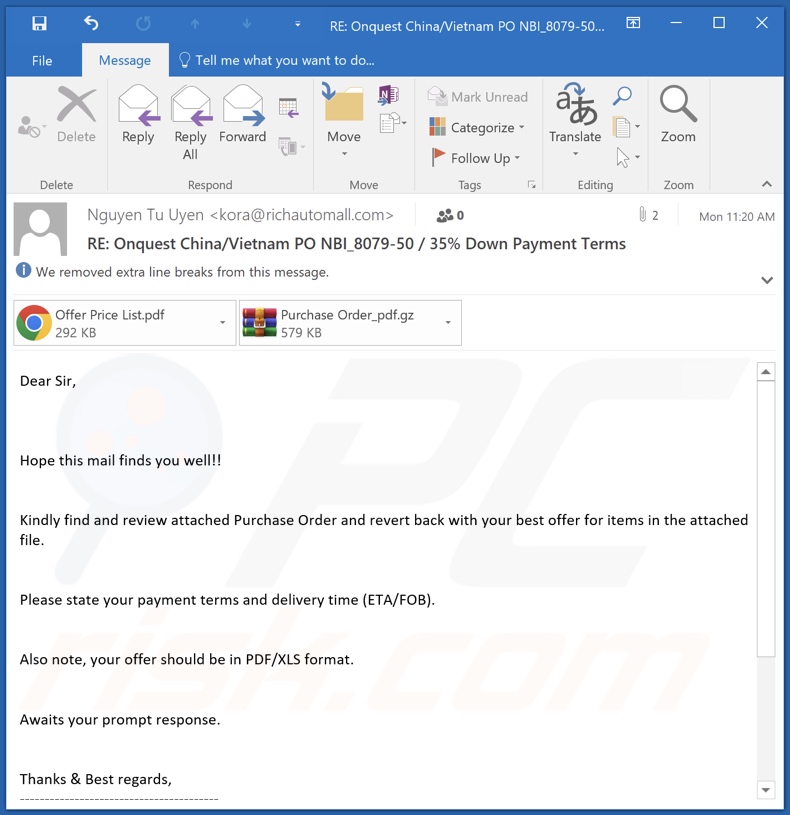Correo electrónico spam que distribuye el malware zgRAT