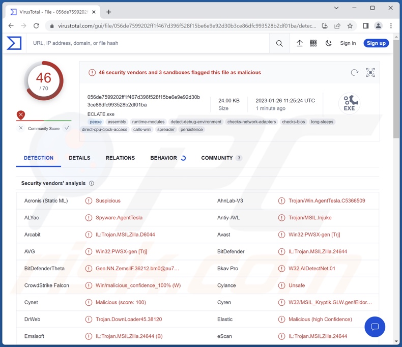 Detecciones del malware zgRAT en VirusTotal