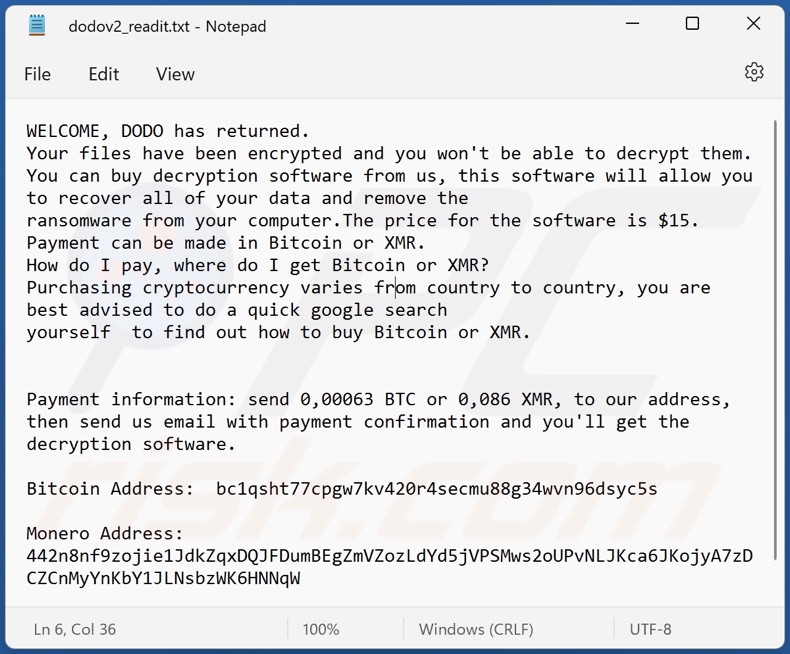 Nota de rescate del ransomware DODO (dodov2_readit.txt)