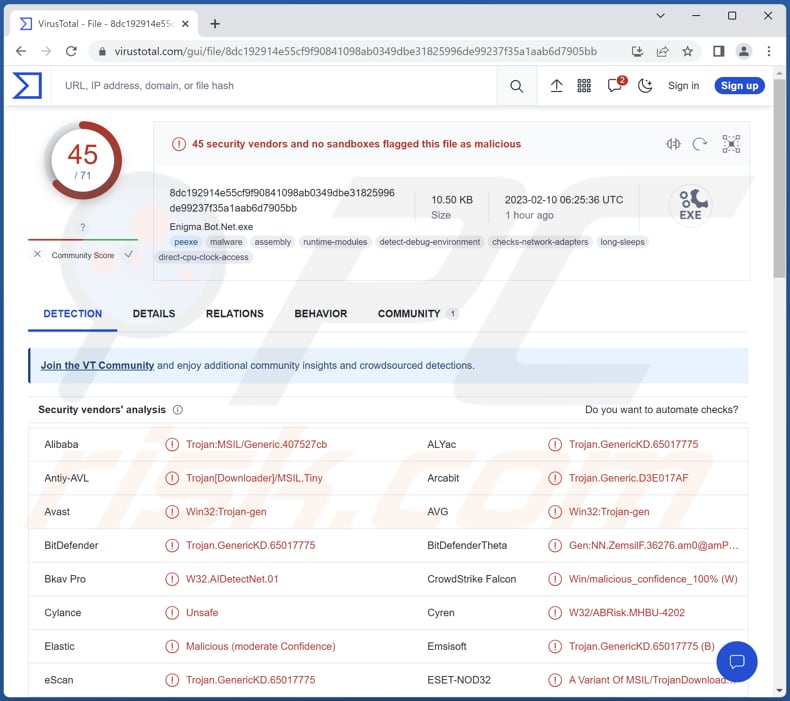 Detecciones del malware Enigma en VirusTotal