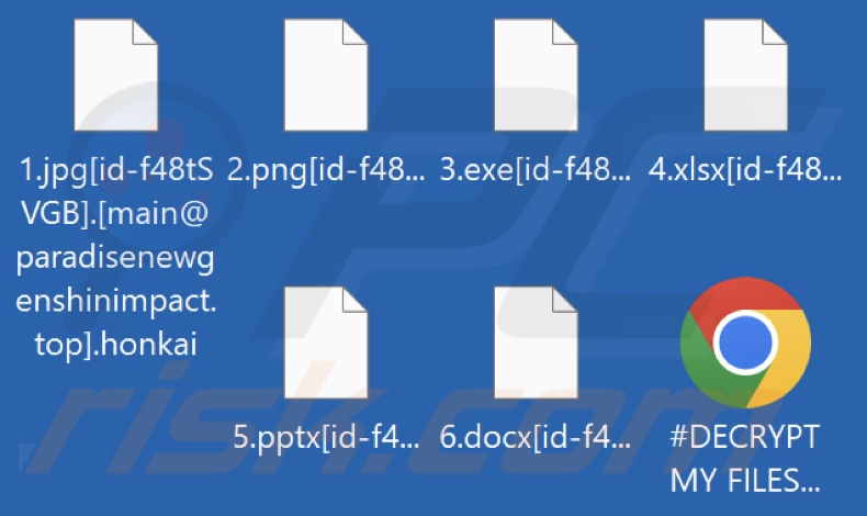 Files encrypted by Honkai (Paradise) ransomware (.honkai extension)