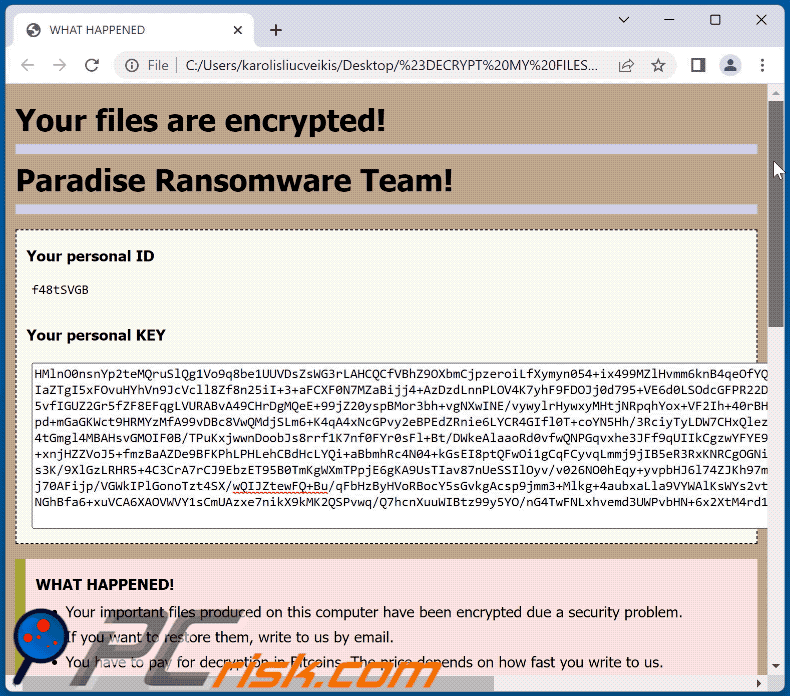 Nota de rescate del ransomware Honkai (Paradise) (#DECRYPT MY FILES#.html) GIF