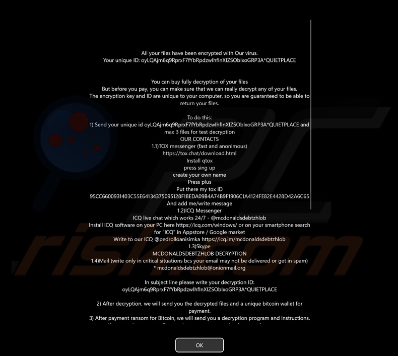 Nota de rescate de Mimic ransomware (pantalla mostrada antes de iniciar sesión)