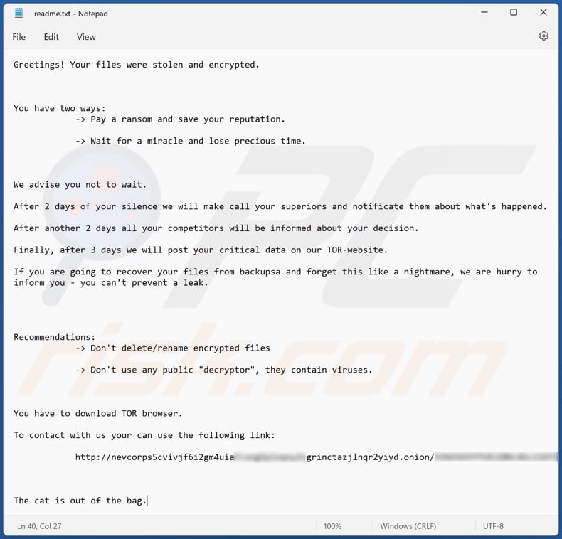 Archivo de texto del ransomware NEVADA (readme.txt)