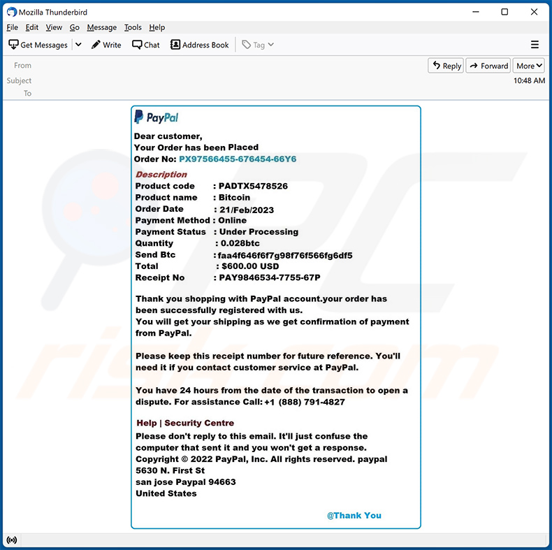 PayPal Your Order has been Placed spam