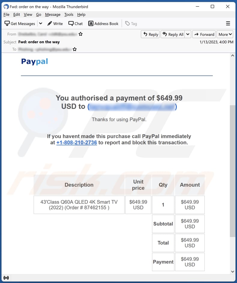 Campaña de spam por correo electrónico de  PayPal - You Authorised A Payment