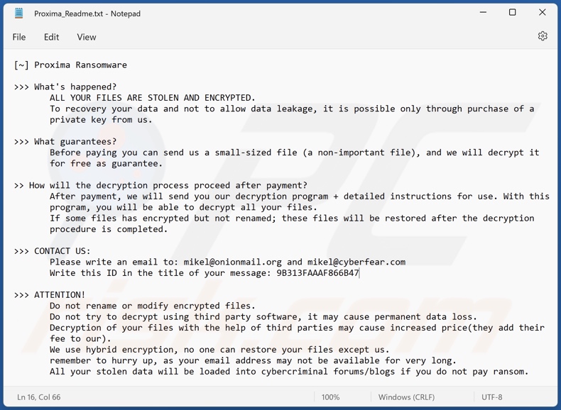 Nota de rescate del ransomware Proxima (Proxima_Readme.txt)