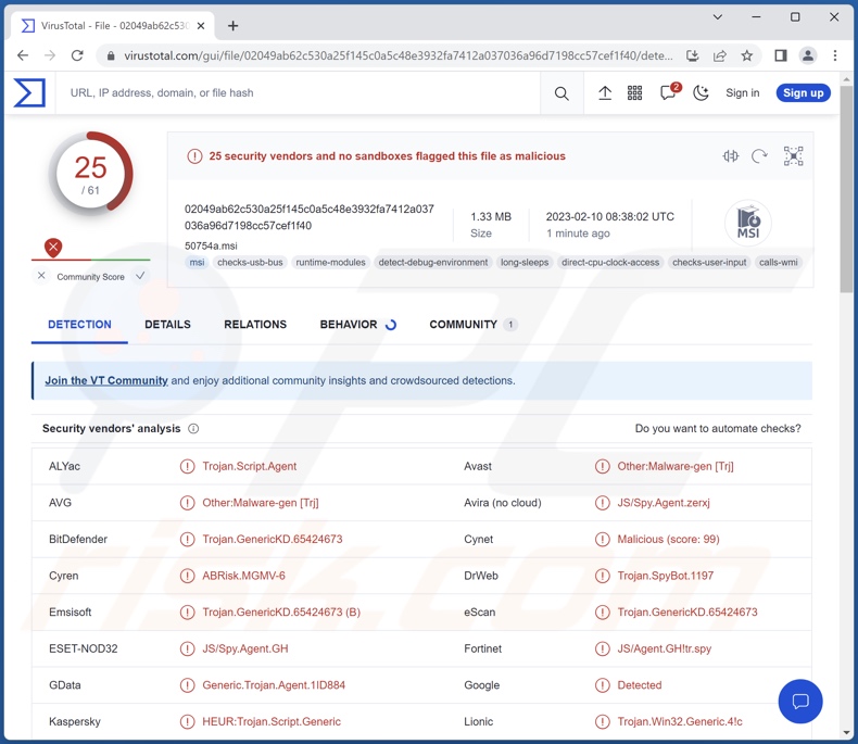 Detecciones del malware Screenshotter en VirusTotal