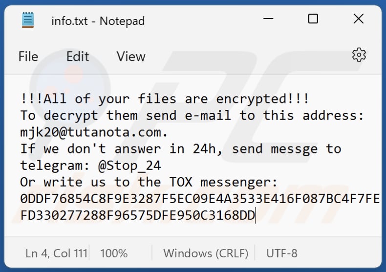 Archivo txt del ransomware SHTORM (info.txt)