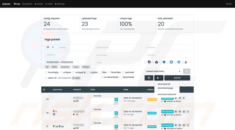 Panel de administración web de Stealc stealer