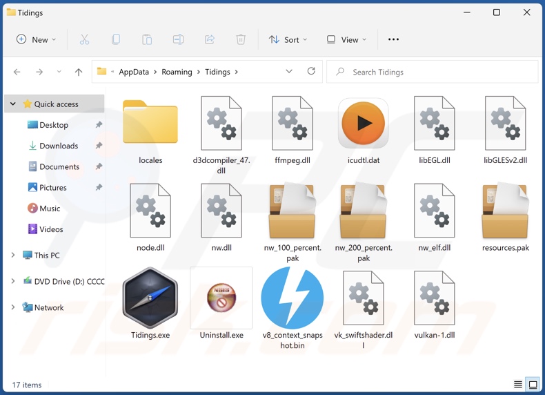 Carpeta de instalación del adware Tidings