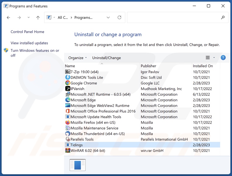 Desinstalación del adware Tidings a través del Panel de Control