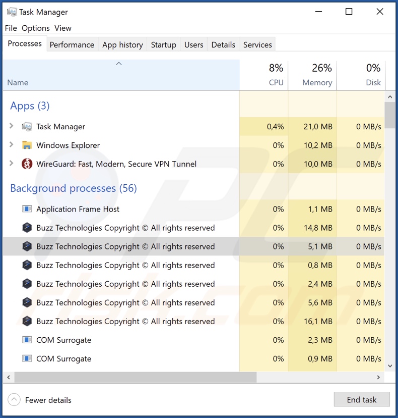 Proceso del adware Buzz en el Administrador de Tareas (Buzz Technologies Copyright (c) All rights reserved - nombre del proceso).