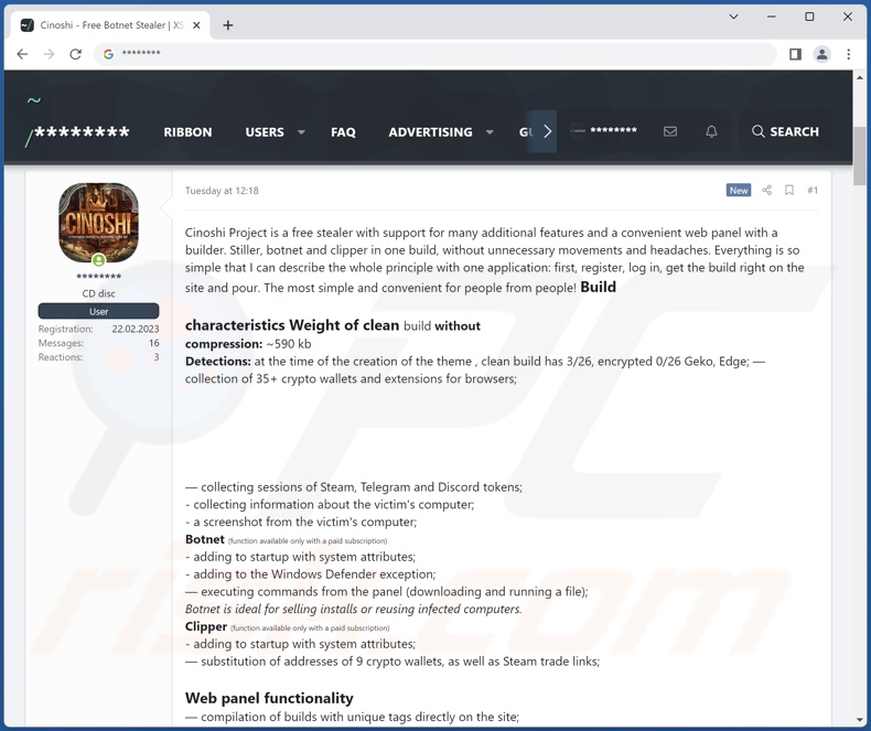 El malware Cinoshi stealer promocionado online