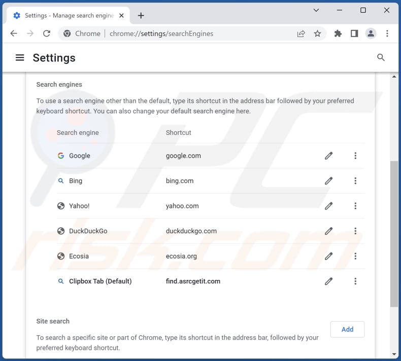 Eliminar find.asrcgetit.com del motor de búsqueda predeterminado de Google Chrome