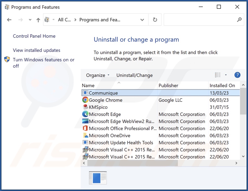 Desinstalación del adware Communique a través del Panel de Control