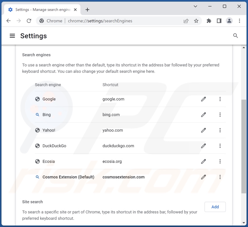 Eliminar cosmosextension.com del motor de búsqueda predeterminado de Google Chrome