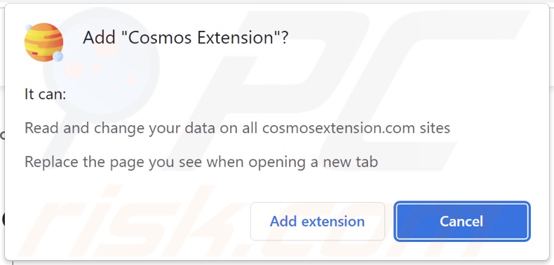 El secuestrador del navegador Cosmos Extension solicita permisos