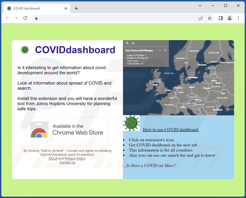 Sitio web utilizado para promocionar el secuestrador del navegador COVID Dashboard