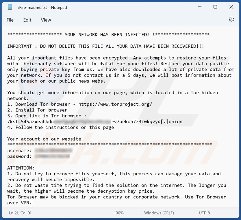 Archivo de texto del ransomware IceFire (iFire-readme.txt)