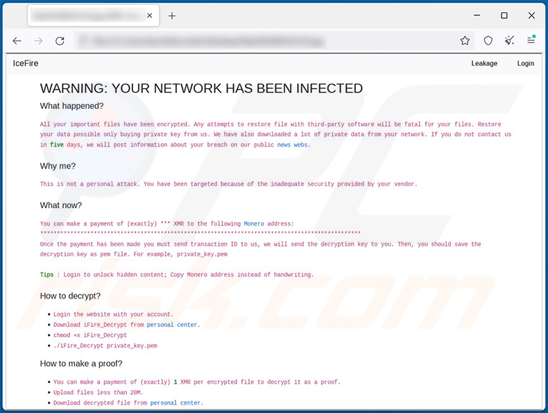 Nota de rescate del sitio web del ransomware IceFire