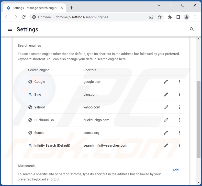 Eliminar search.infinity-searches.com del motor de búsqueda predeterminado de Google Chrome