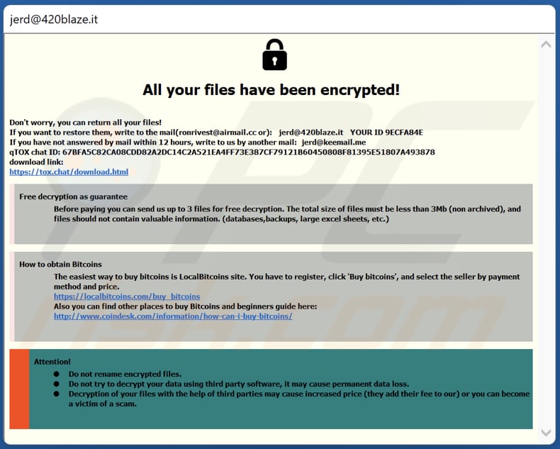 Ventana emergente del ransomware Jerd