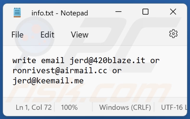 Archivo de texto del ransomware Jerd (info.txt)