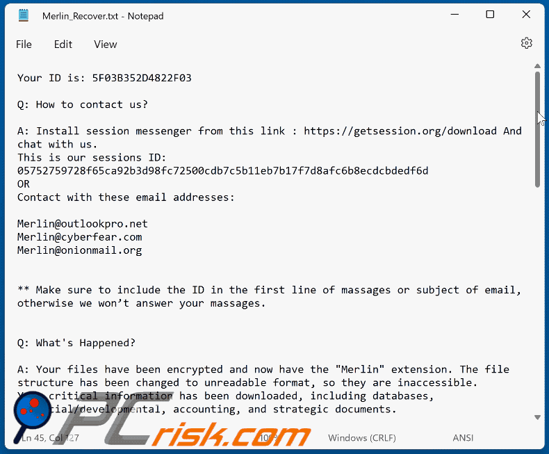Nota de rescate del ransomware Merlin (Merlin_Recover.txt) GIF