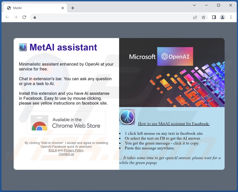 Página web promocionando el adware MetAI assistant