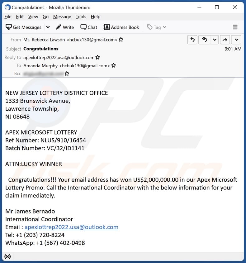 Campaña de spam por correo electrónico de Microsoft Lottery
