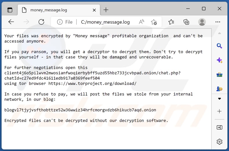 Archivo de texto del ransomware Money Message (money_message.log)