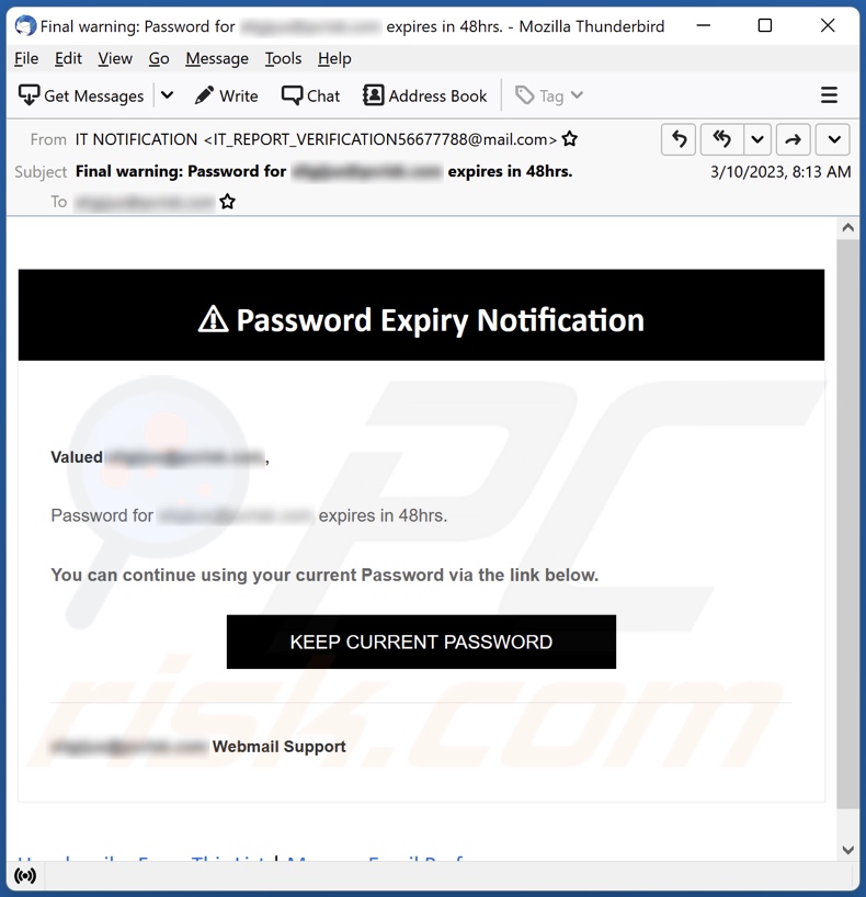 Campaña de spam por correo electrónico de Password Expiry Notification
