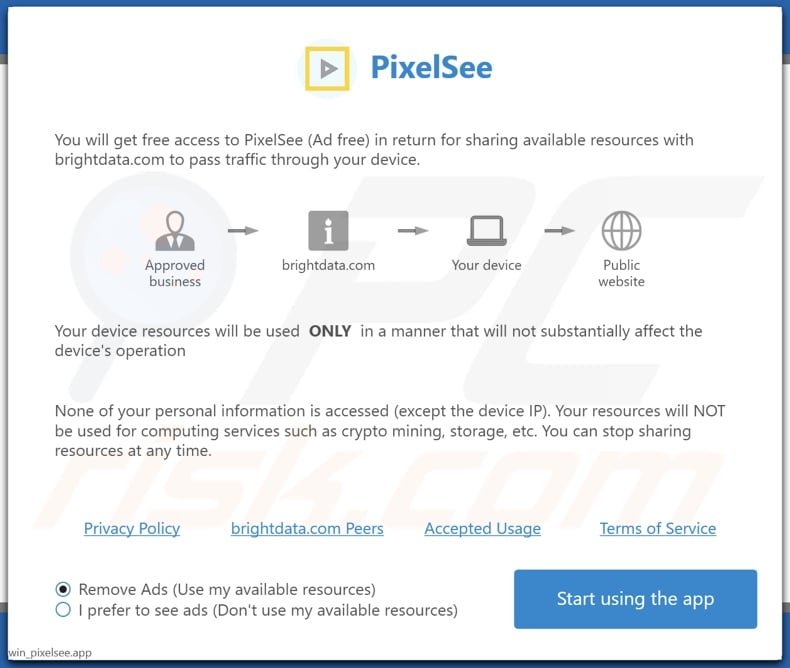 Ventana emergente mostrada tras la instalación de la aplicación PixelSee PUA